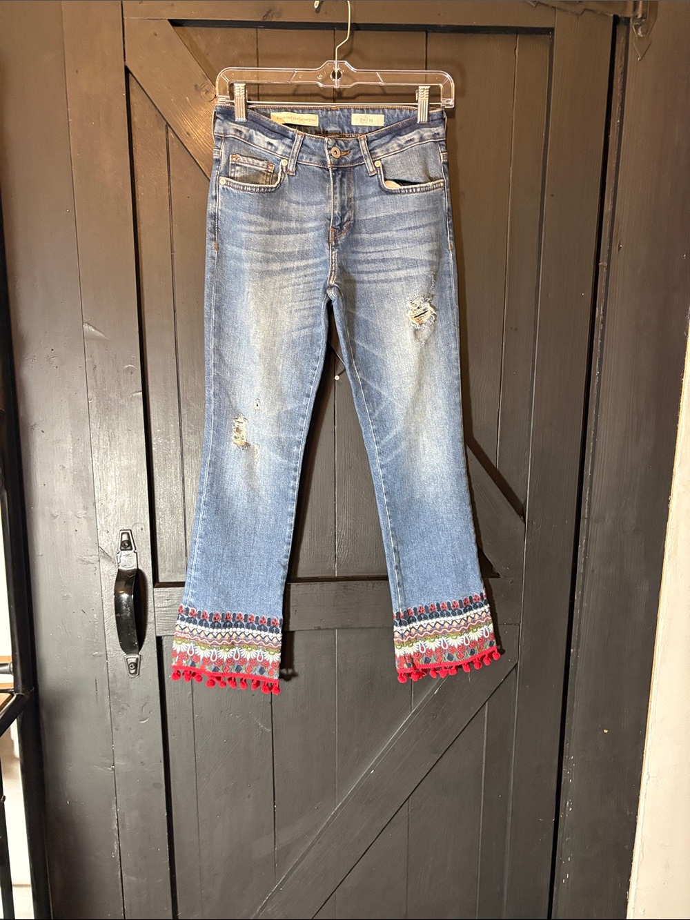 Pilcro and the Letterpress Medium Blue Cropped Jeans with Red Tassel Trim